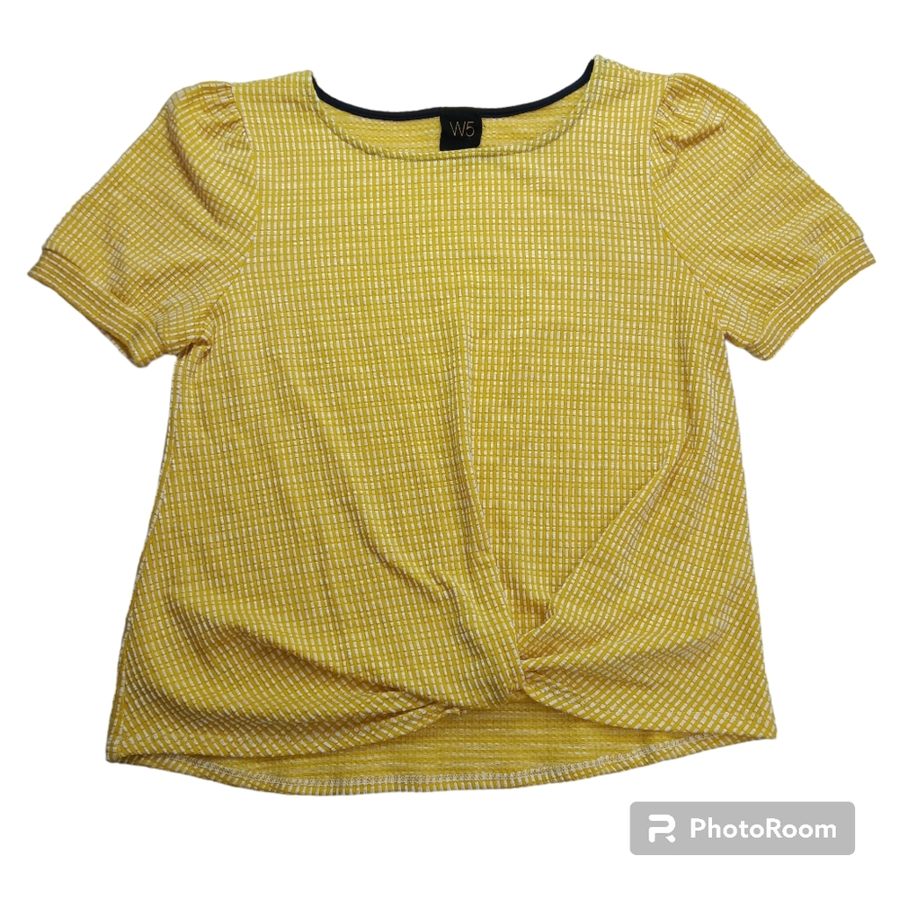 W5 Anthropologie Women's Size Medium Ribbed Yellow and White Short Sleeve Top